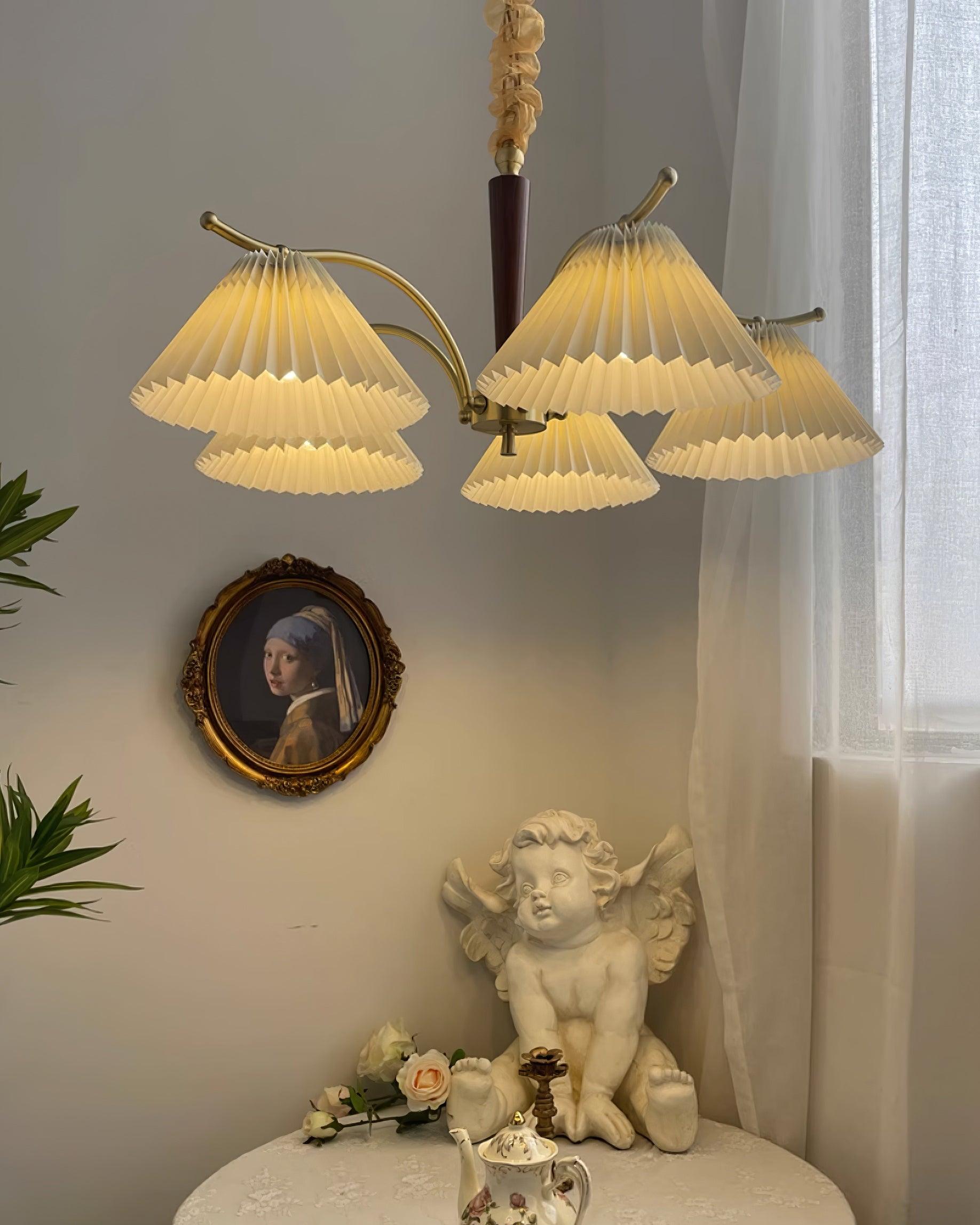Chandelier Pleated Fabric Shades Walnut Brass Arms Warm Retro - Neutralighting
