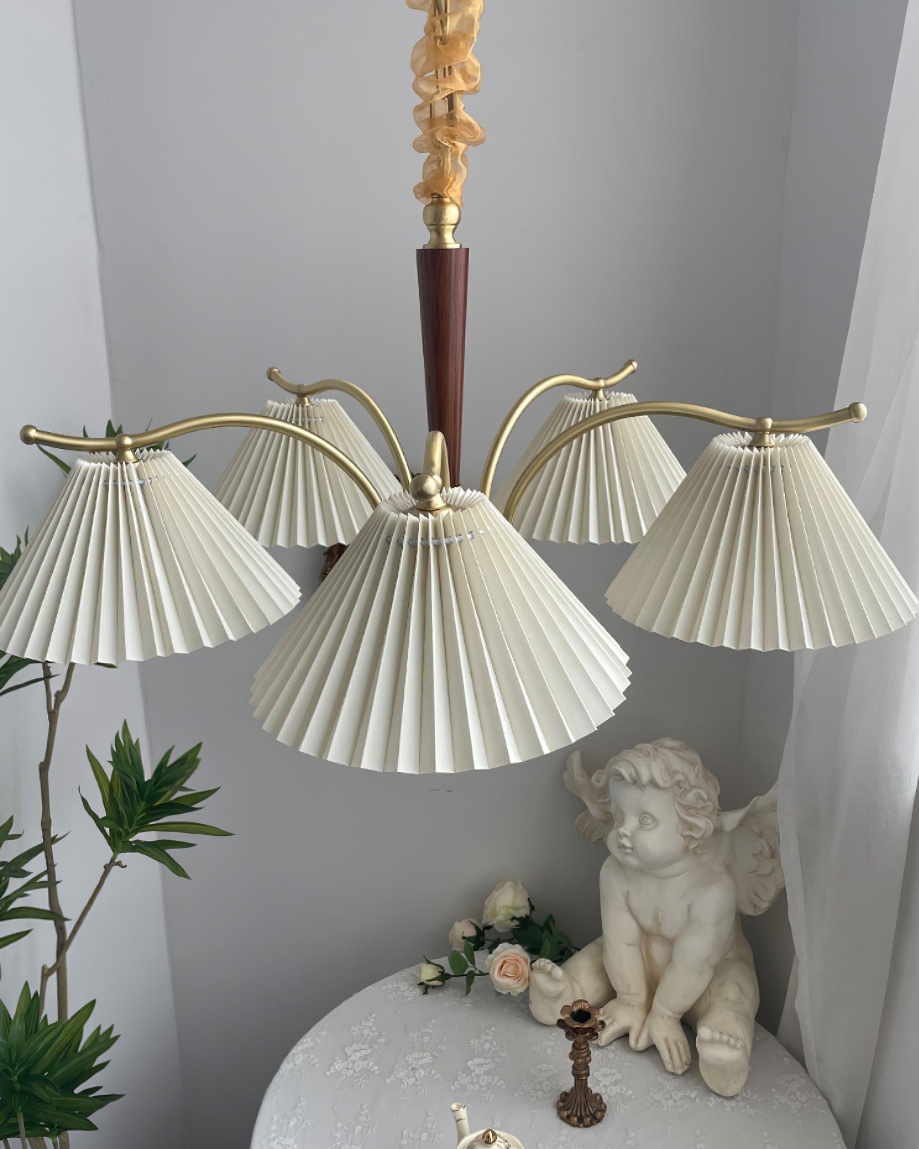 Chandelier Pleated Fabric Shades Walnut Brass Arms Warm Retro - Neutralighting
