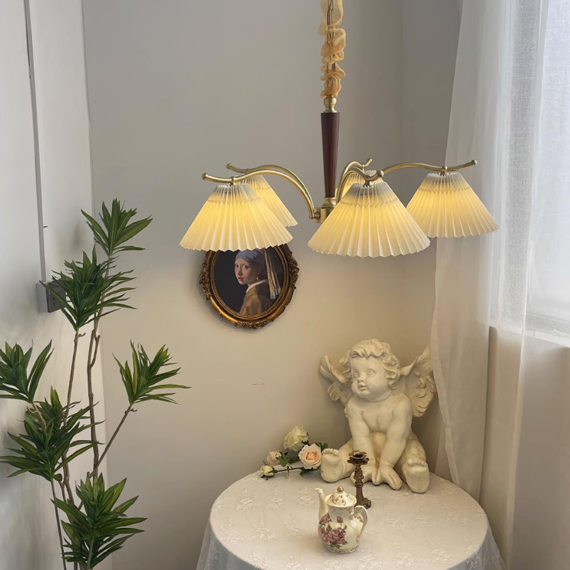 Chandelier Pleated Fabric Shades Walnut Brass Arms Warm Retro - Neutralighting
