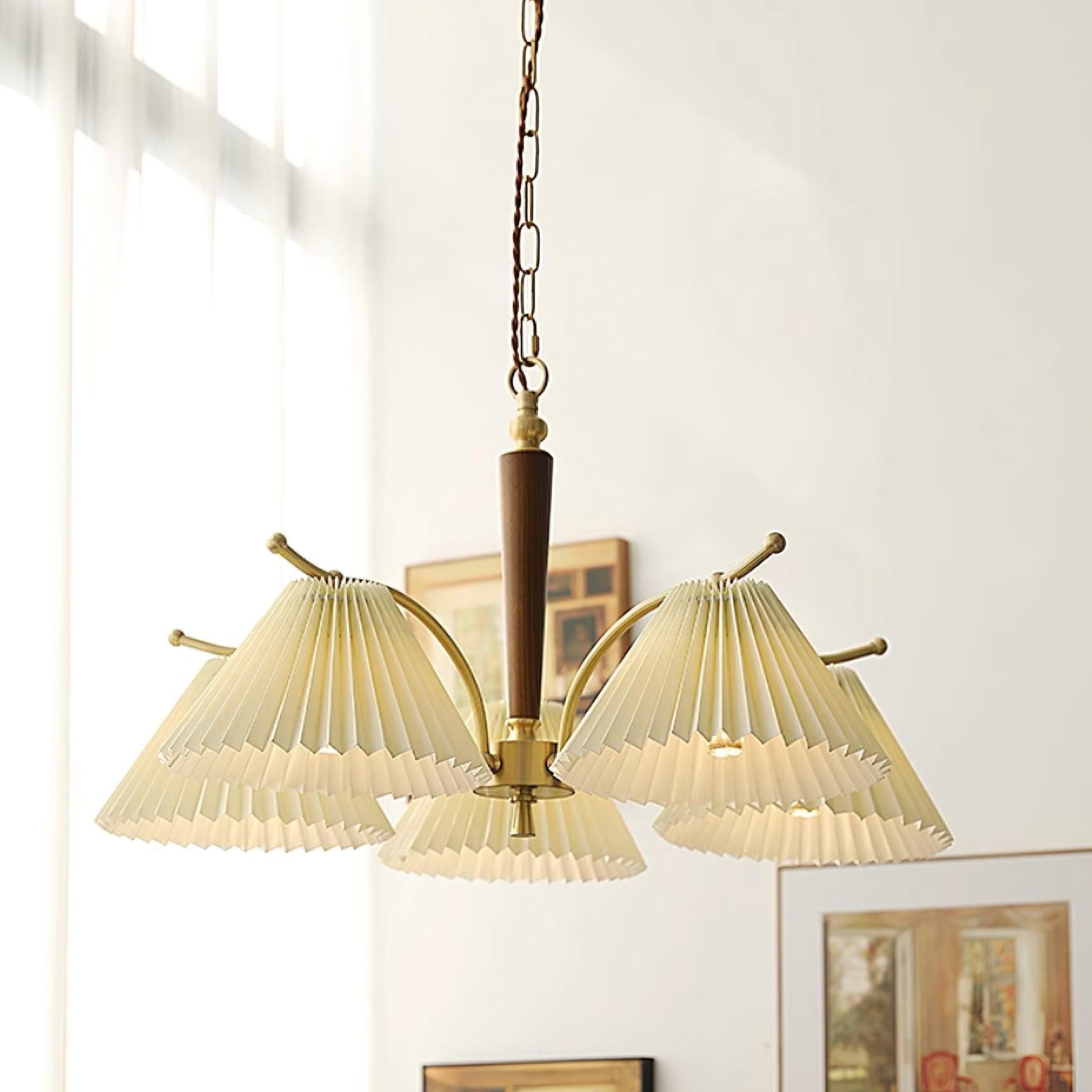 Chandelier Pleated Fabric Shades Walnut Brass Arms Warm Retro - Neutralighting