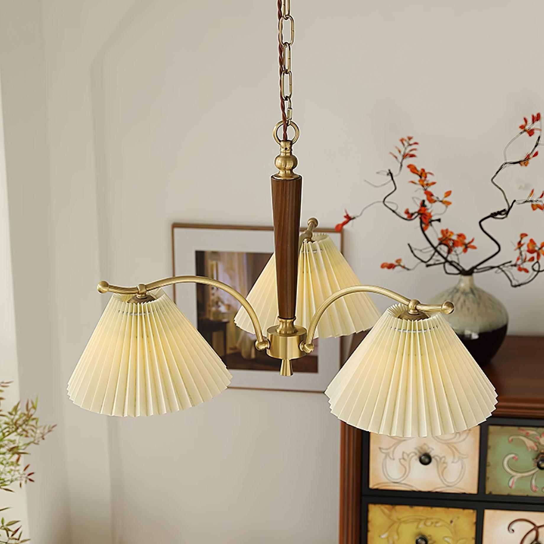Chandelier Pleated Fabric Shades Walnut Brass Arms Warm Retro - Neutralighting