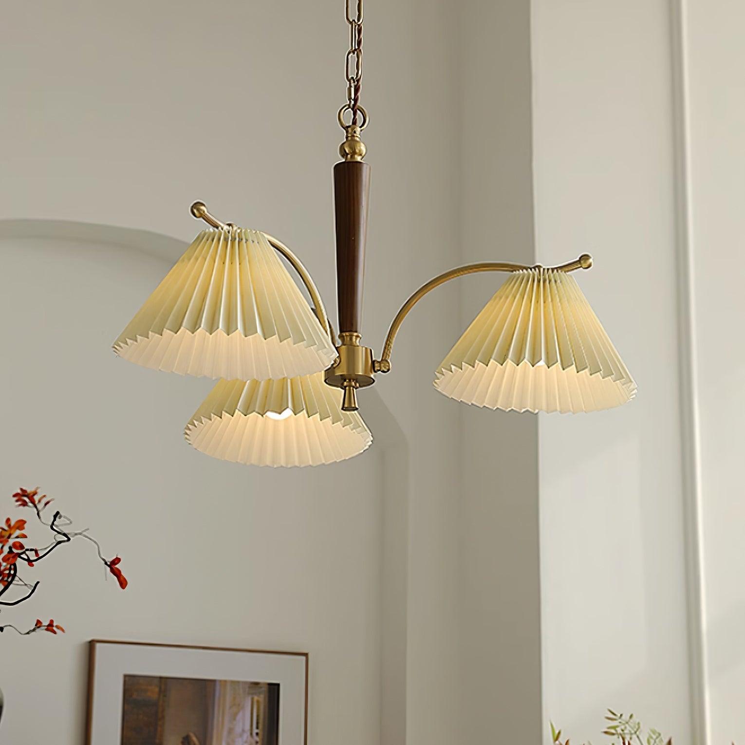 Chandelier Pleated Fabric Shades Walnut Brass Arms Warm Retro - Neutralighting