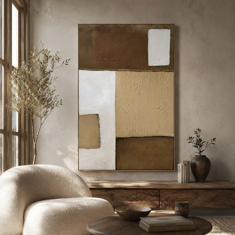 Wall Art Neutral Patchwork Linear Texture Oil Painting