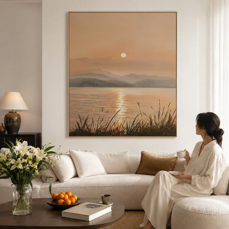 Wall Art Golden Sunset Lake Landscape Impasto