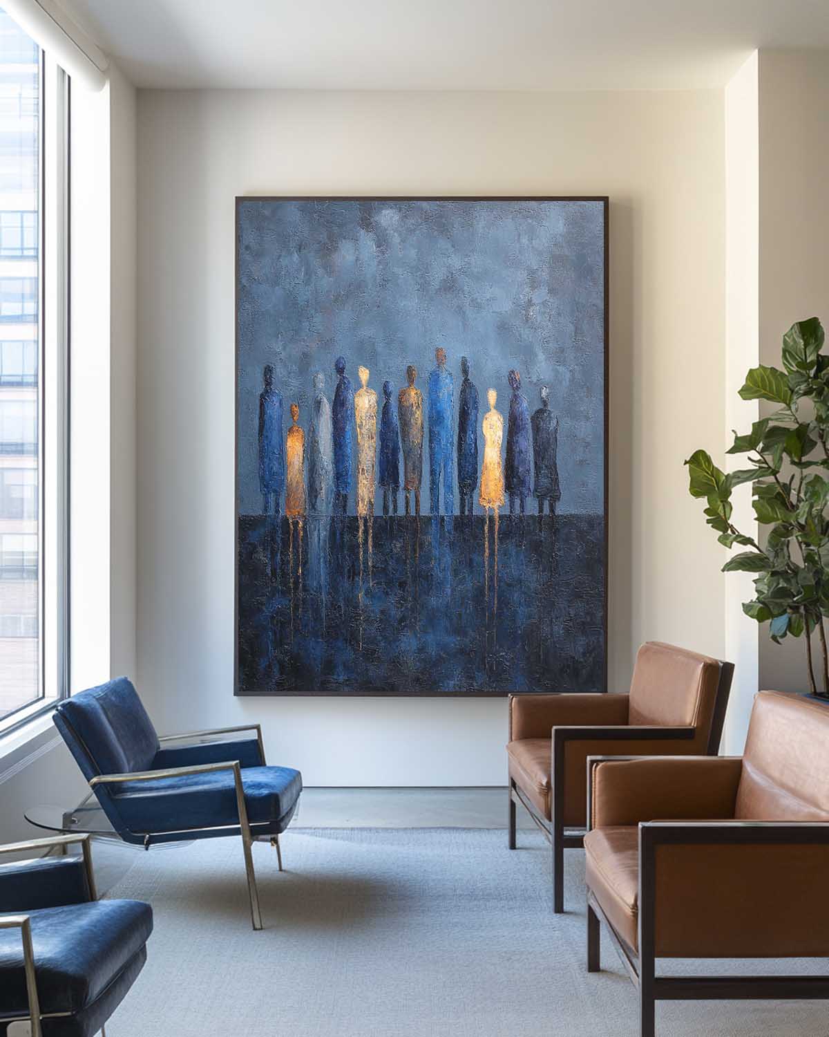 Navy‑Blue‑Gold Vertical Stylized Group‑Figure Textured Artwork