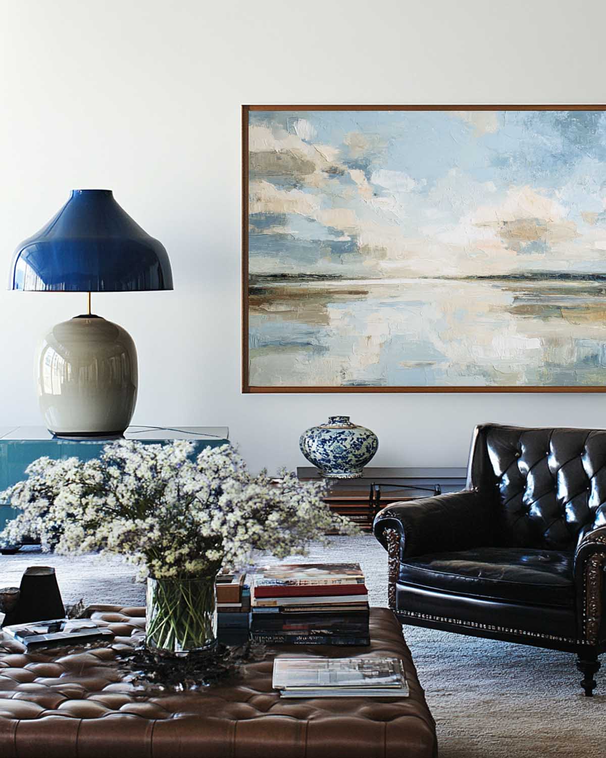 Blue‑Cream‑Beige Horizontal Impasto Abstract Coastal Seascape Artwork