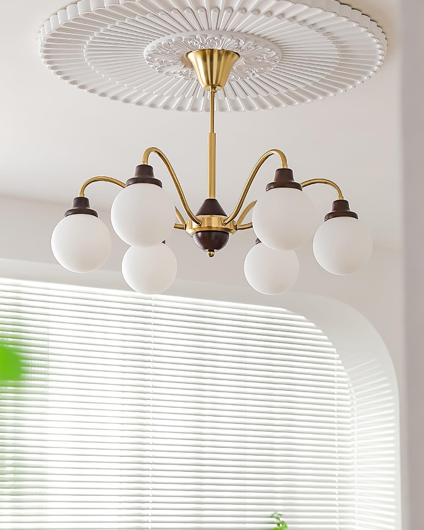 Chandelier Gold Arms&Ash Wood White Glass Globes Retro - Neutralighting
