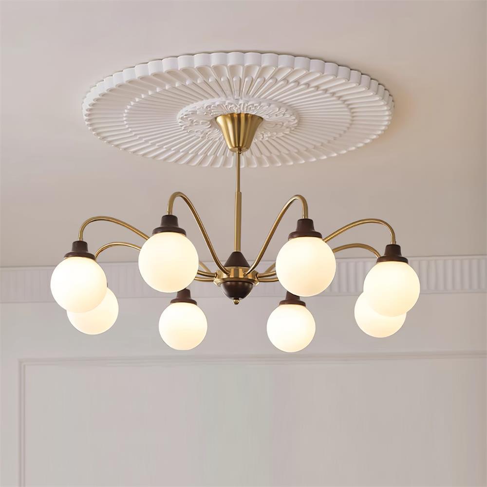 Chandelier Gold Arms&Ash Wood White Glass Globes Retro - Neutralighting