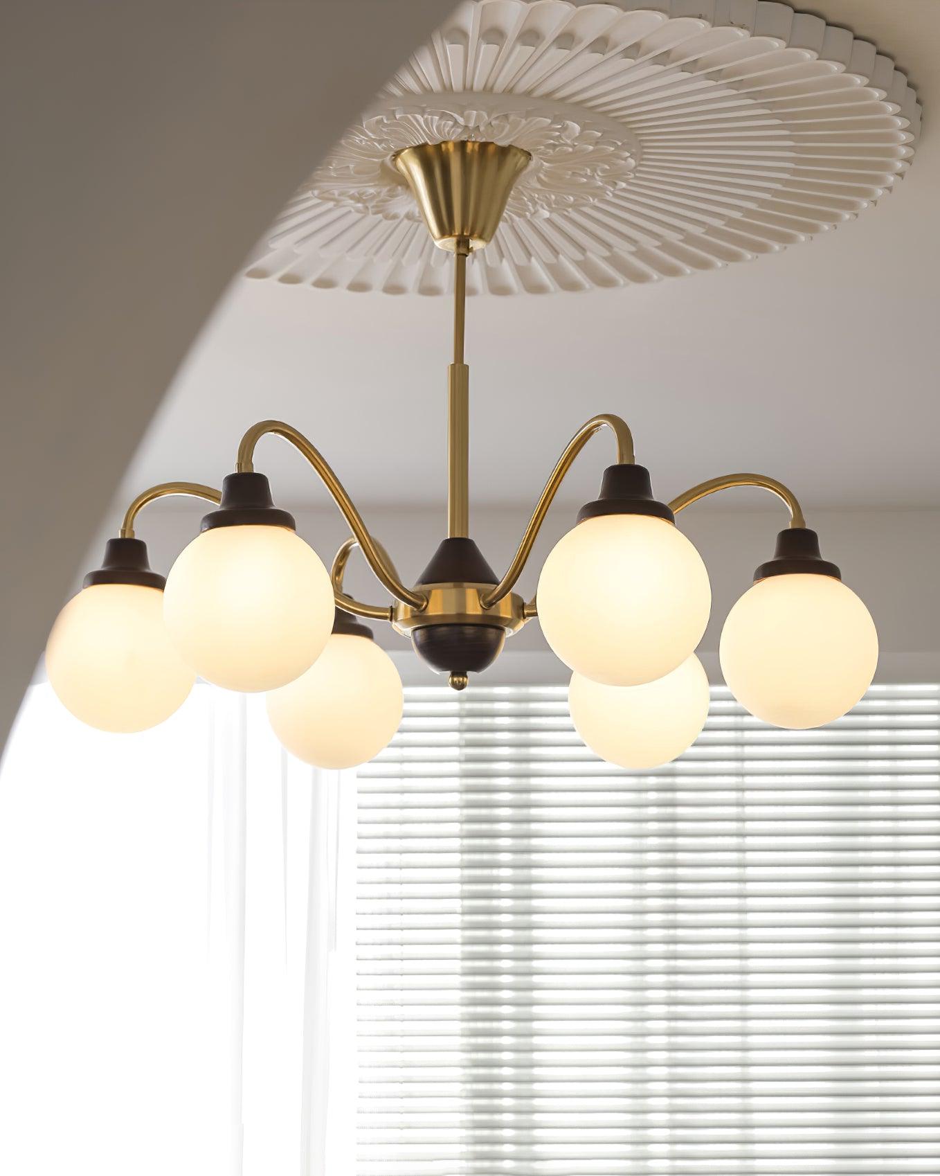 Chandelier Gold Arms&Ash Wood White Glass Globes Retro - Neutralighting
