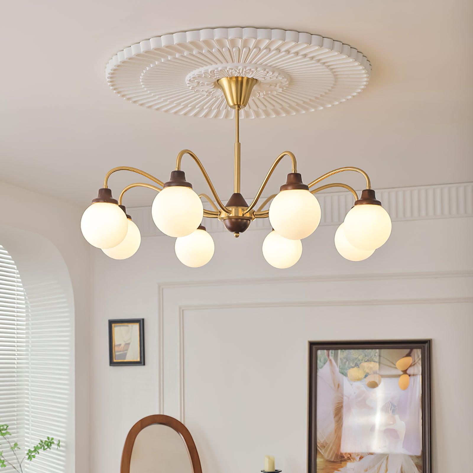 Chandelier Gold Arms&Ash Wood White Glass Globes Retro - Neutralighting