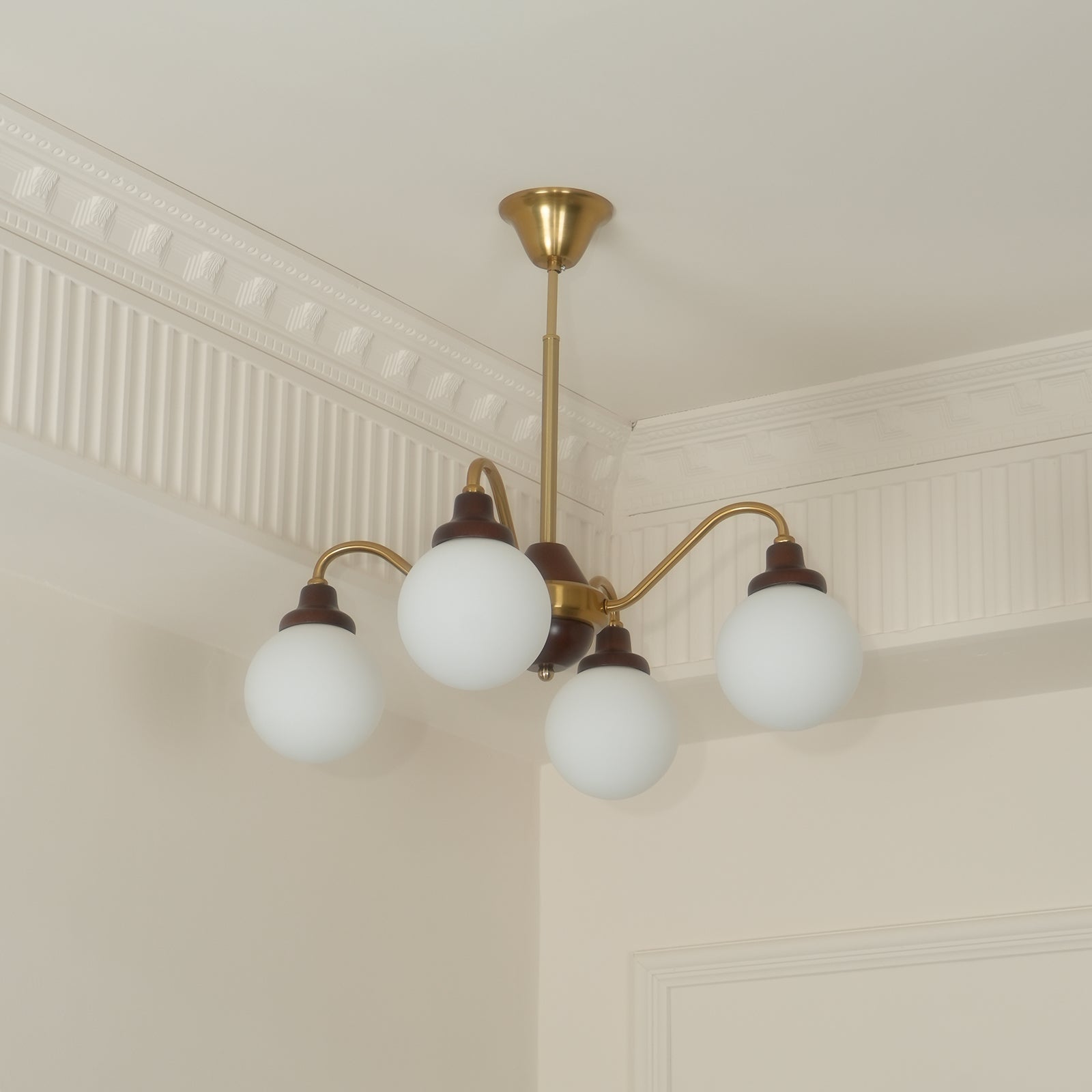 Chandelier Gold Arms&Ash Wood White Glass Globes Retro - Neutralighting