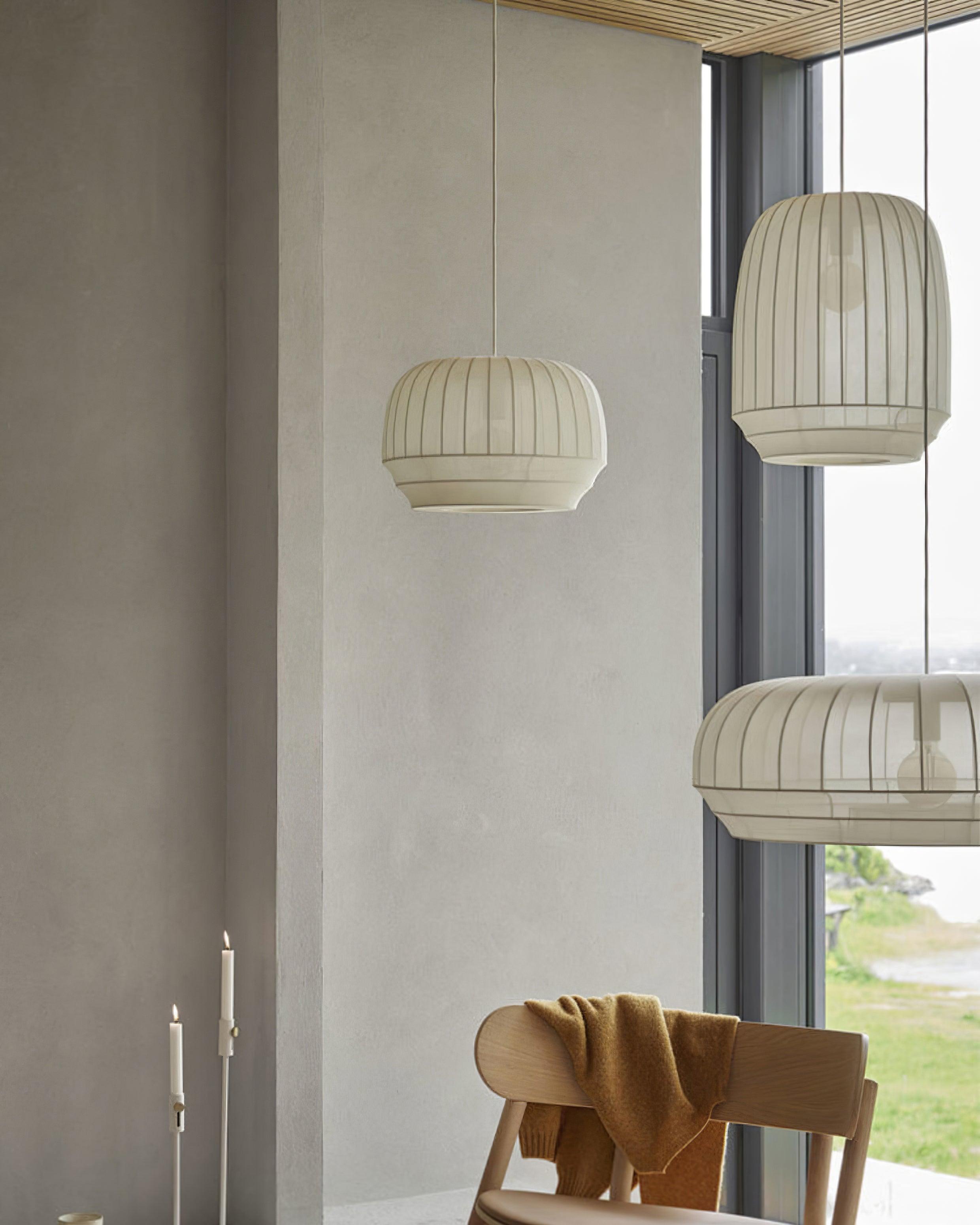 Pendant Lamp Silk Shade White Fabric Vertical Lines Soft Modern Minimalist - Neutralighting