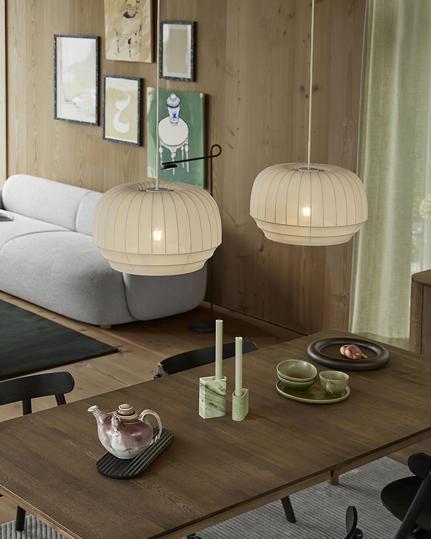 Pendant Lamp Silk Shade White Fabric Vertical Lines Soft Modern Minimalist - Neutralighting