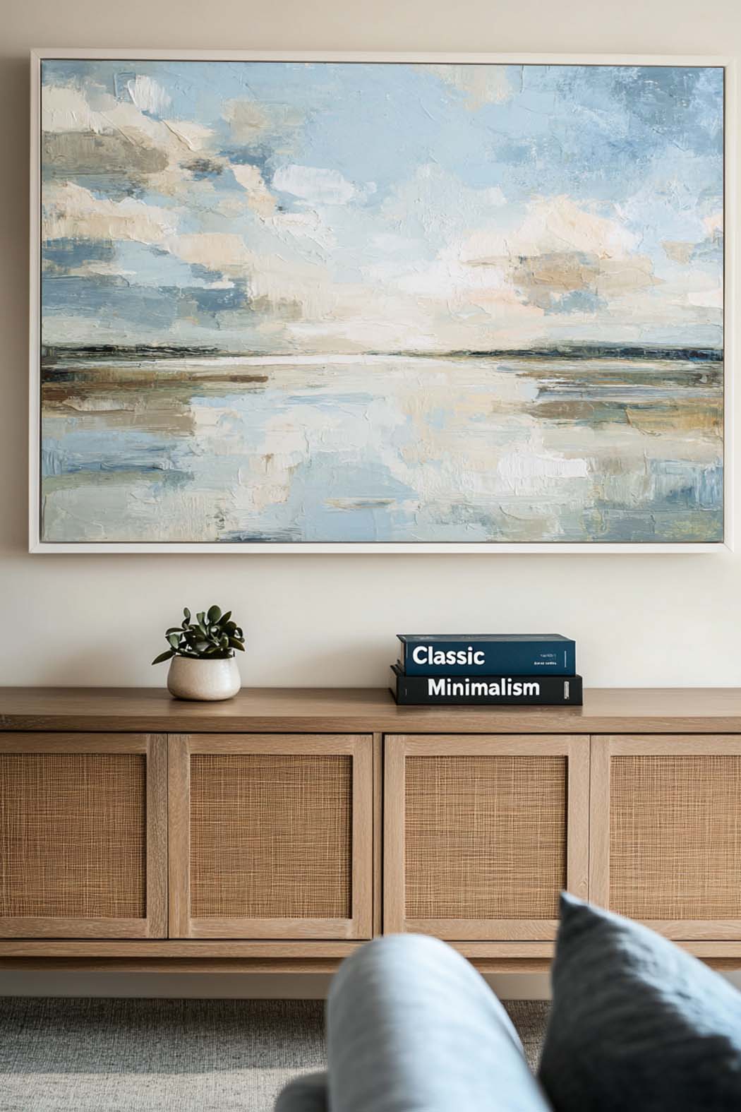 Blue‑Cream‑Beige Horizontal Impasto Abstract Coastal Seascape Artwork