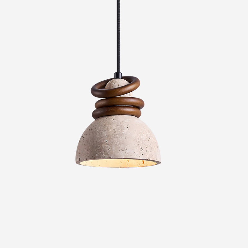 Pendant Lamp Travertine Dome Walnut Wood Rings Ambient Minimalist - Neutralighting