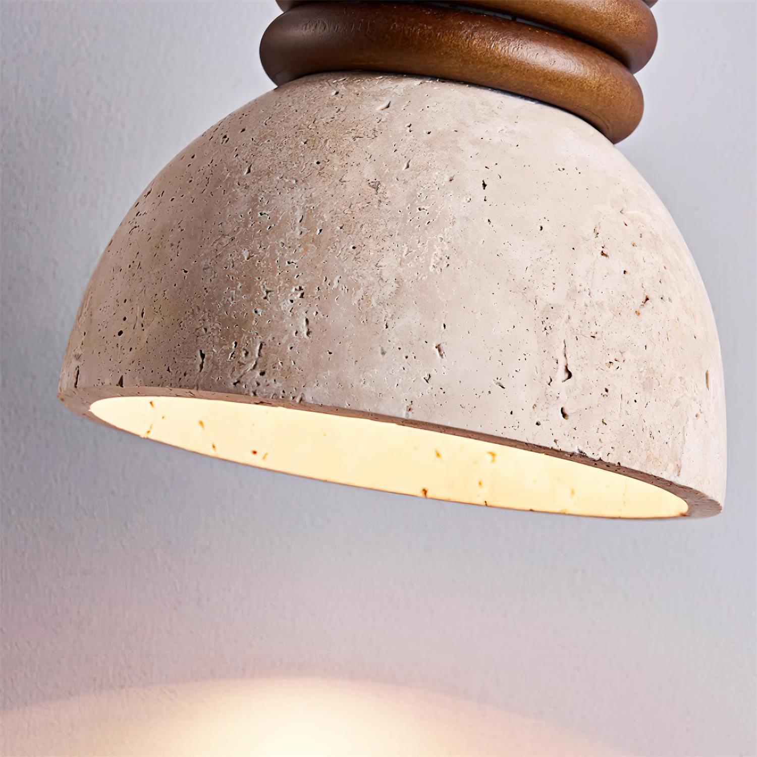 Pendant Lamp Travertine Dome Walnut Wood Rings Ambient Minimalist - Neutralighting