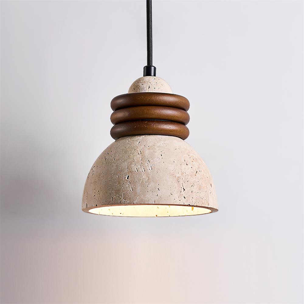 Pendant Lamp Travertine Dome Walnut Wood Rings Ambient Minimalist - Neutralighting