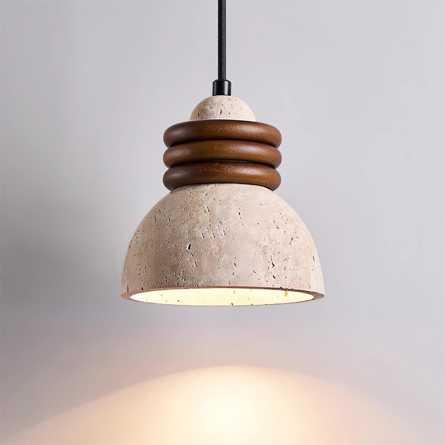 Pendant Lamp Travertine Dome Walnut Wood Rings Ambient Minimalist - Neutralighting