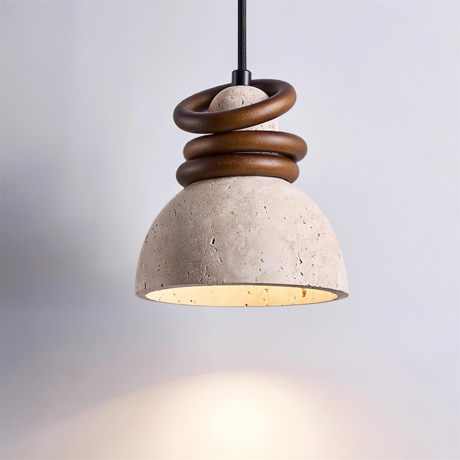 Pendant Lamp Travertine Dome Walnut Wood Rings Ambient Minimalist - Neutralighting