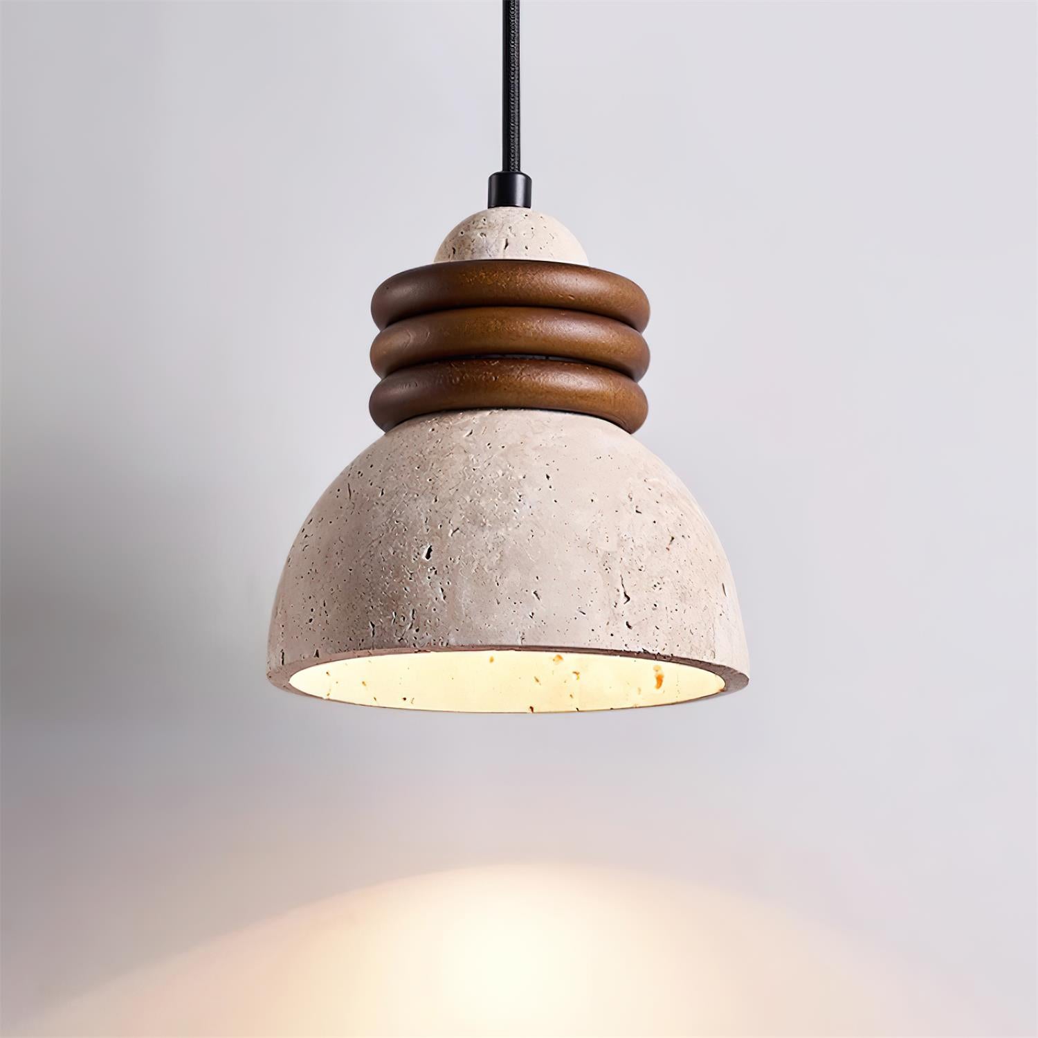 Pendant Lamp Travertine Dome Walnut Wood Rings Ambient Minimalist - Neutralighting