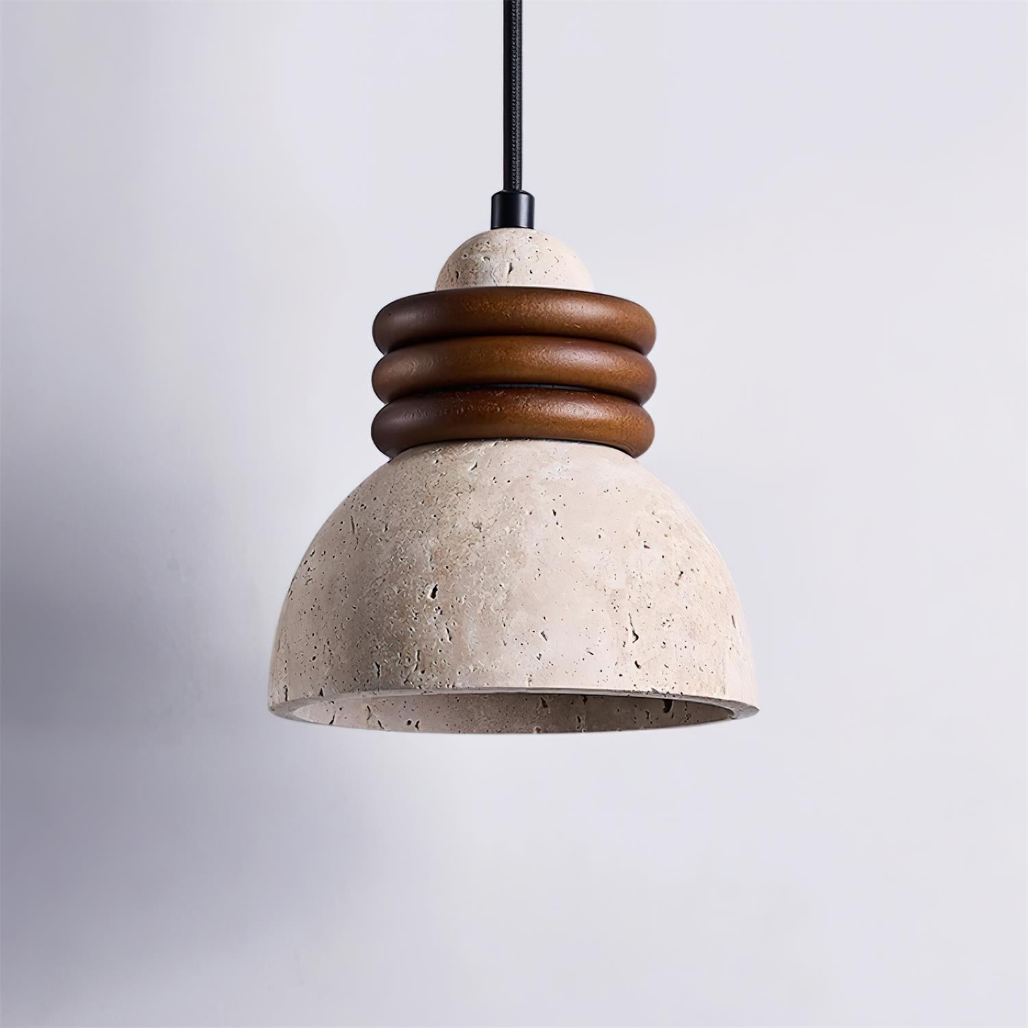 Pendant Lamp Travertine Dome Walnut Wood Rings Ambient Minimalist - Neutralighting