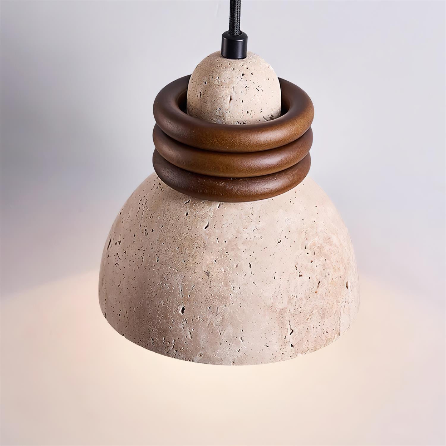 Pendant Lamp Travertine Dome Walnut Wood Rings Ambient Minimalist - Neutralighting