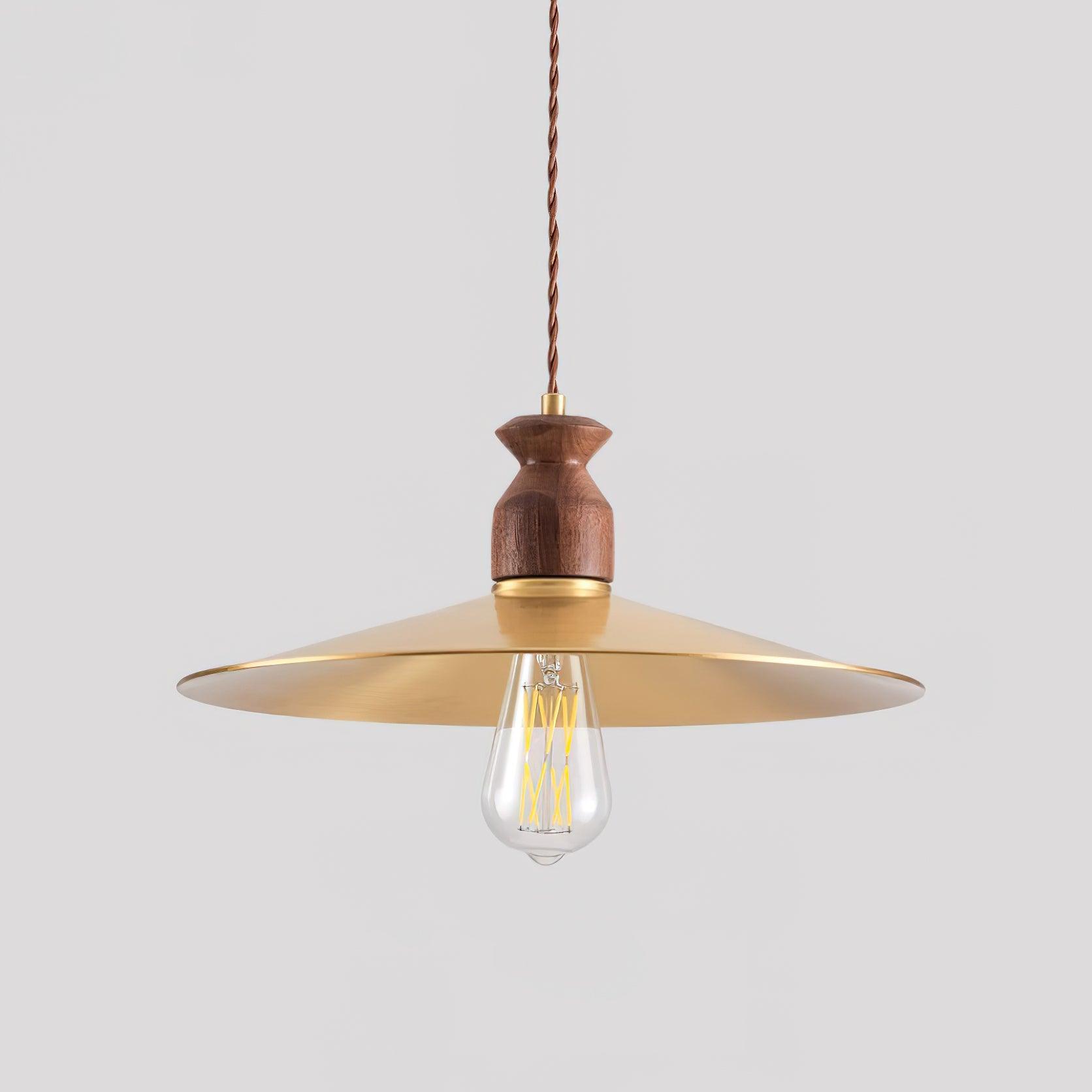 Pendant Lamp Scalloped Brass Shade Walnut Wood Vintage - Neutralighting