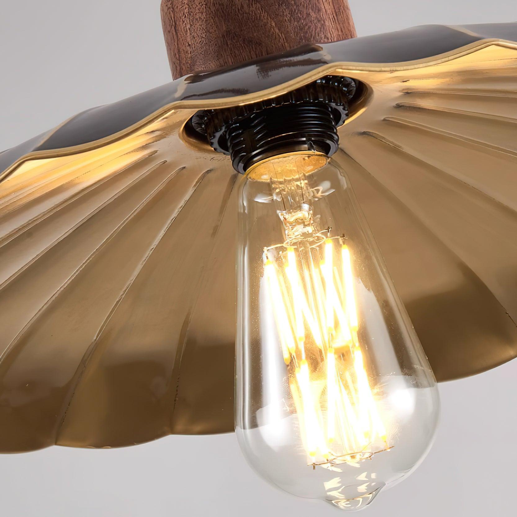 Pendant Lamp Scalloped Brass Shade Walnut Wood Vintage - Neutralighting