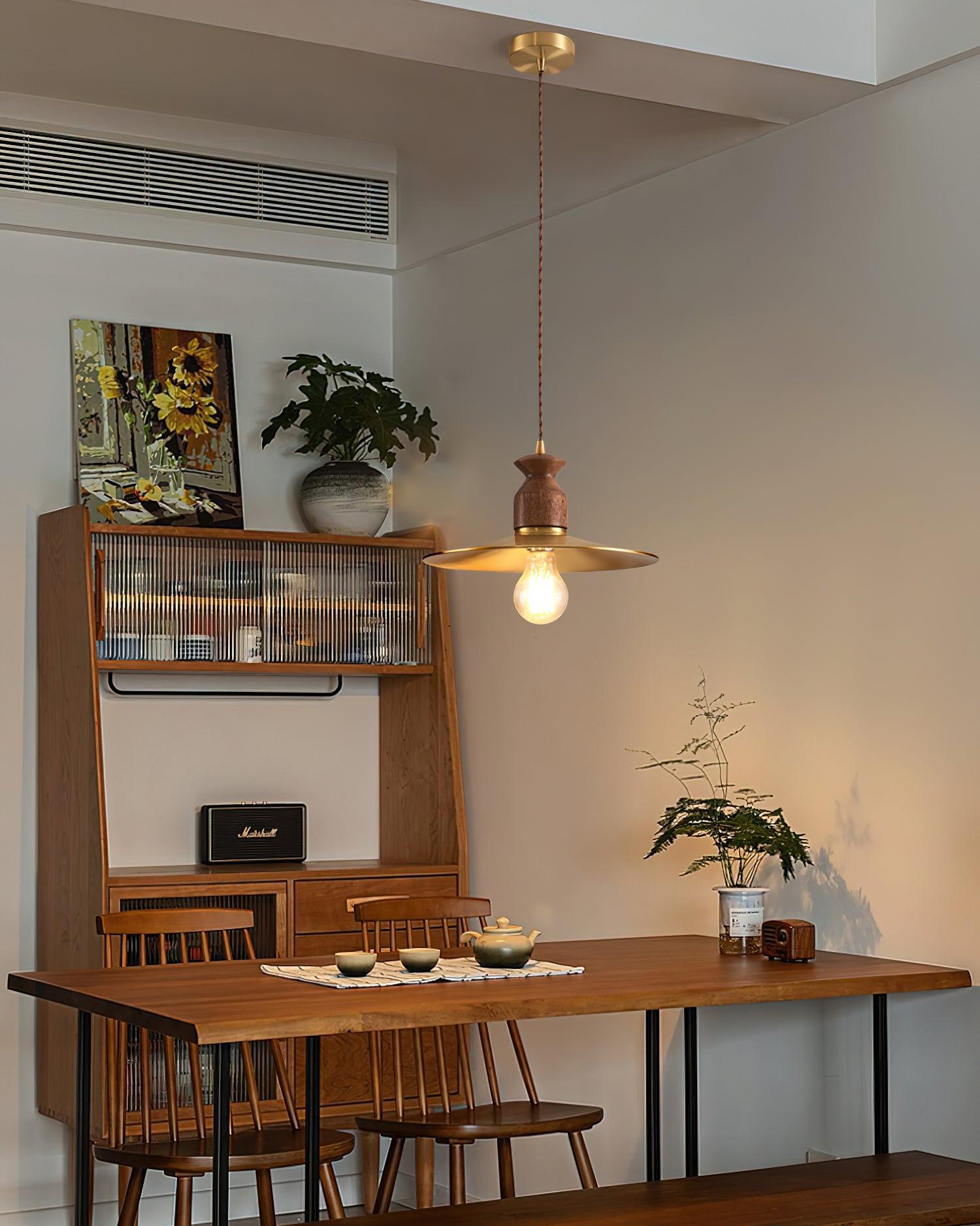 Pendant Lamp Scalloped Brass Shade Walnut Wood Vintage - Neutralighting