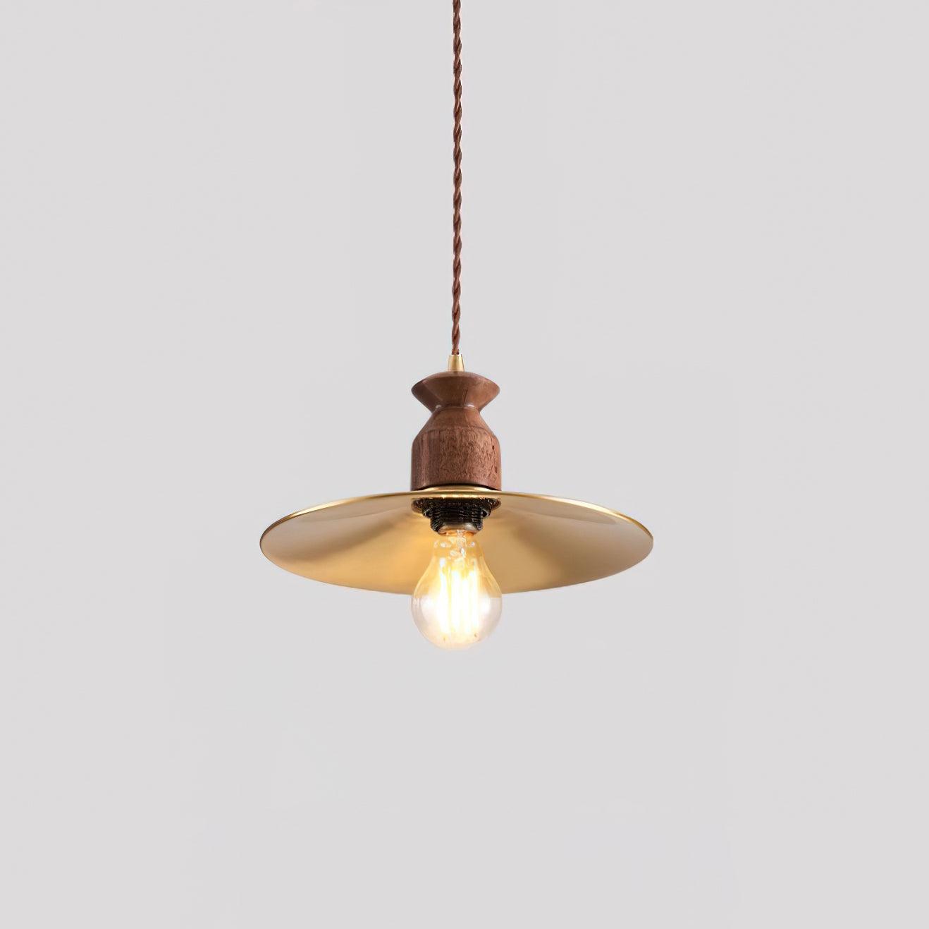 Pendant Lamp Scalloped Brass Shade Walnut Wood Vintage - Neutralighting