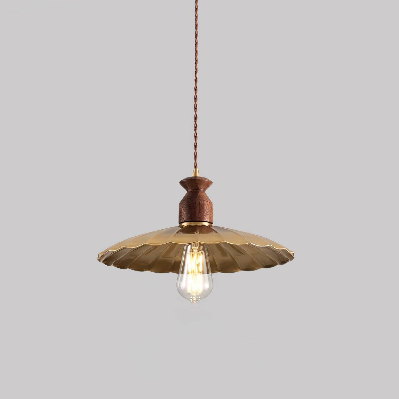 Pendant Lamp Scalloped Brass Shade Walnut Wood Vintage - Neutralighting