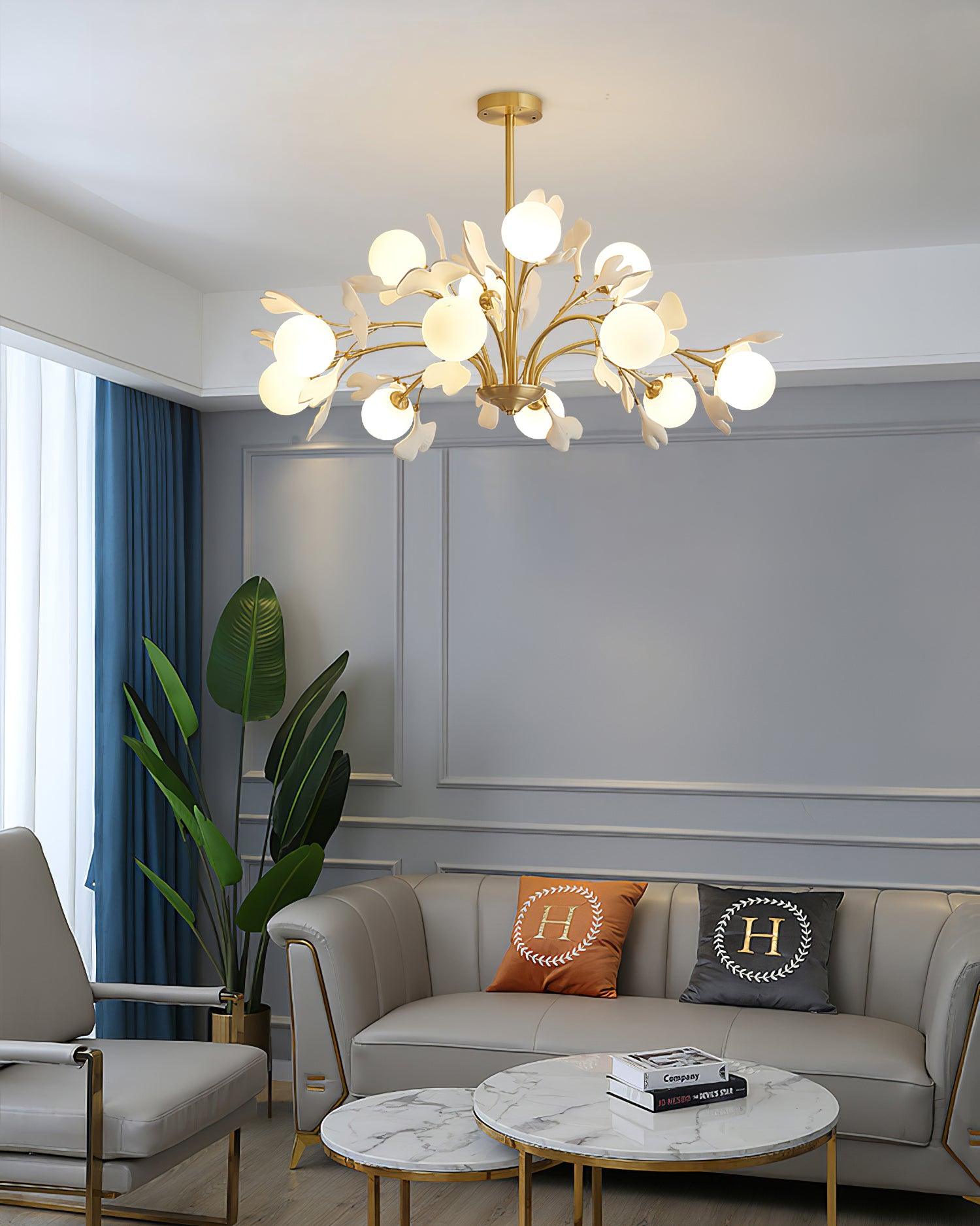 Ginkgo Leaf Chandelier with Frosted Glass Globes - Neutralighting