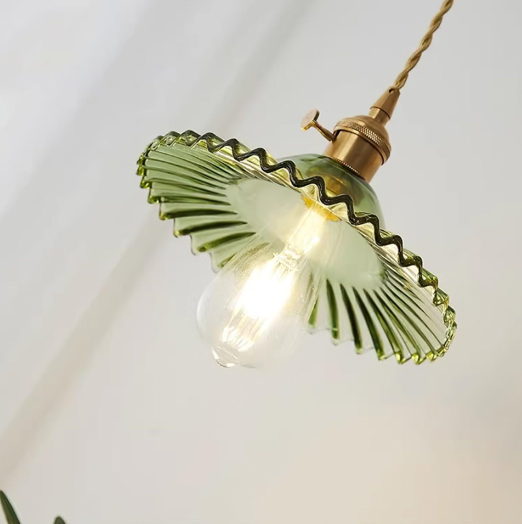 Pendant Lamp Ruffled Glass Shade Scalloped Edge Brass Accents Retro - Neutralighting