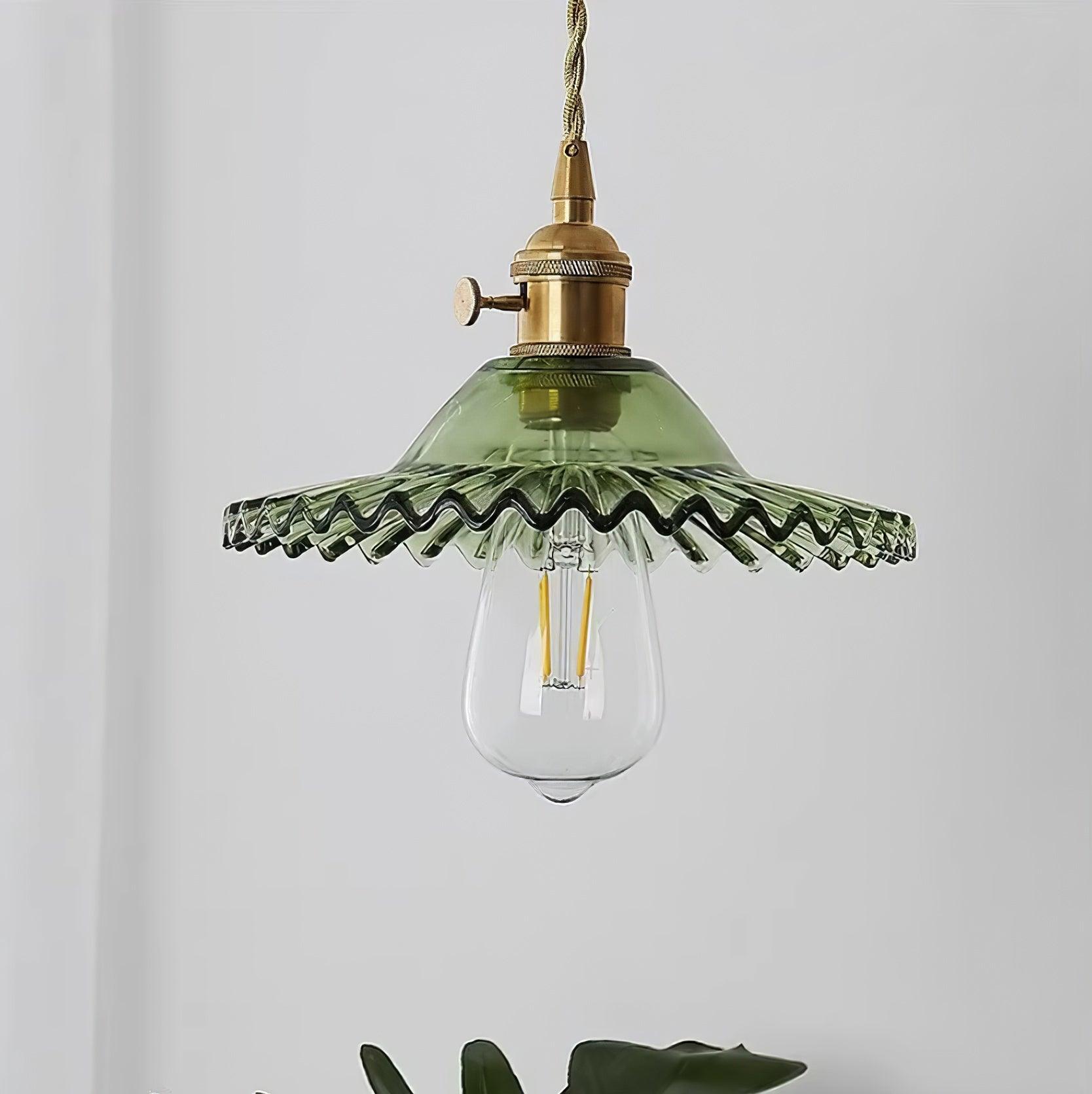 Pendant Lamp Ruffled Glass Shade Scalloped Edge Brass Accents Retro - Neutralighting