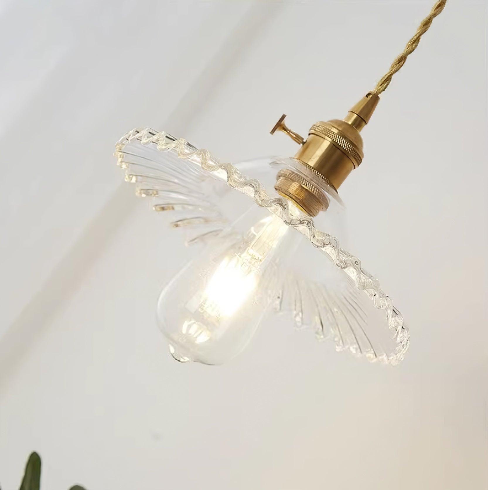 Pendant Lamp Ruffled Glass Shade Scalloped Edge Brass Accents Retro - Neutralighting