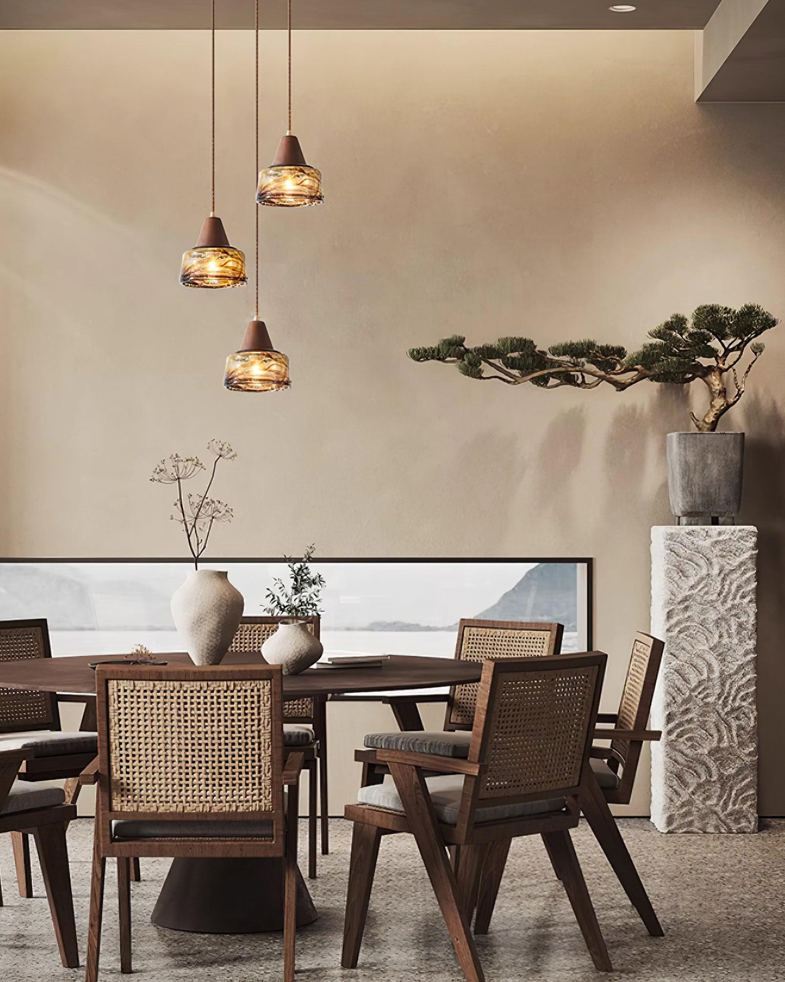 Pendant Lamp Amber Glass Shade Wood Top Vintage Artistic - Neutralighting
