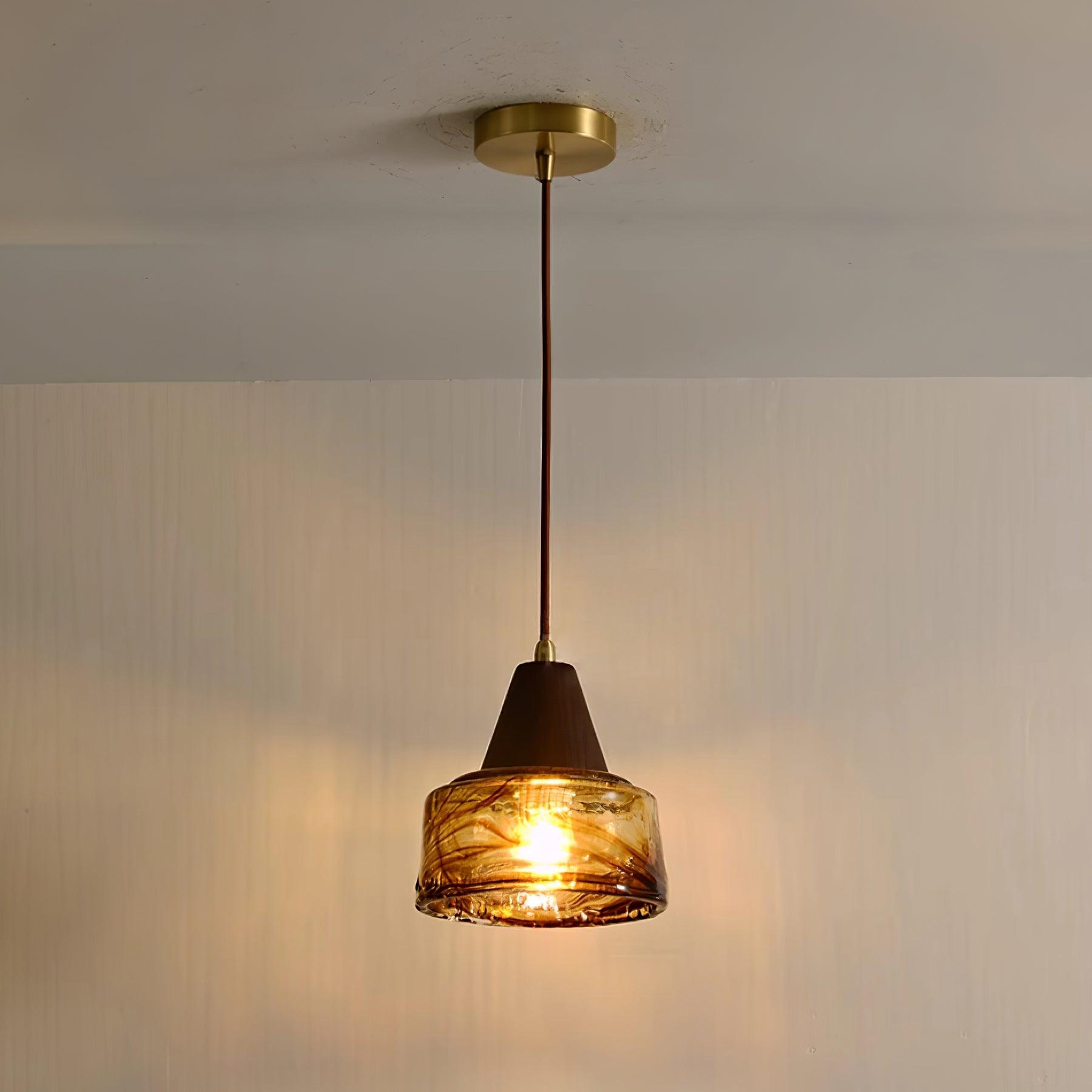 Pendant Lamp Amber Glass Shade Wood Top Vintage Artistic - Neutralighting