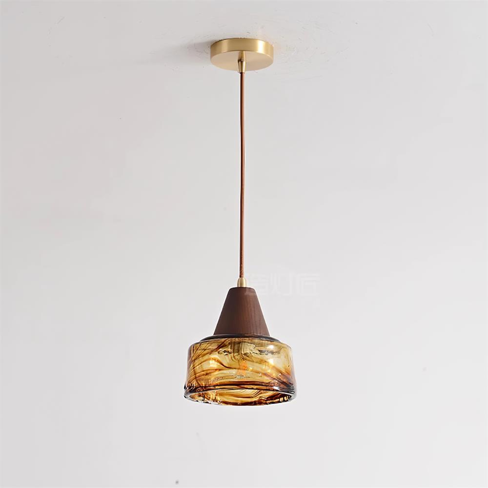 Pendant Lamp Amber Glass Shade Wood Top Vintage Artistic - Neutralighting