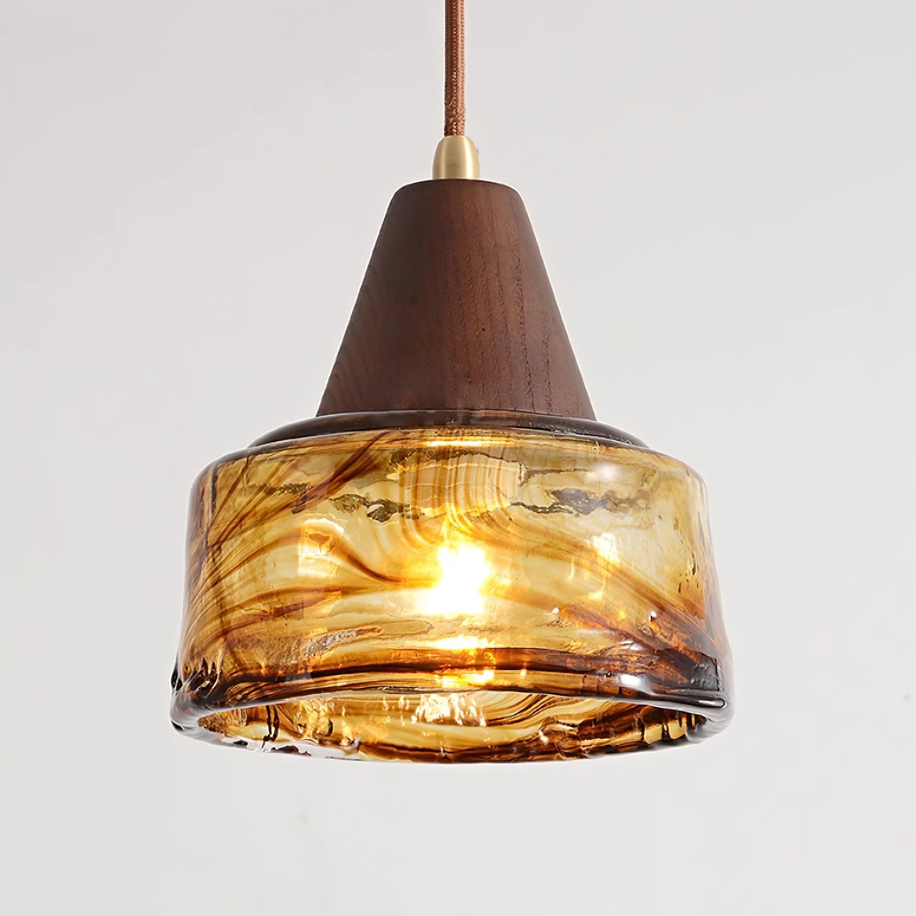 Pendant Lamp Amber Glass Shade Wood Top Vintage Artistic - Neutralighting