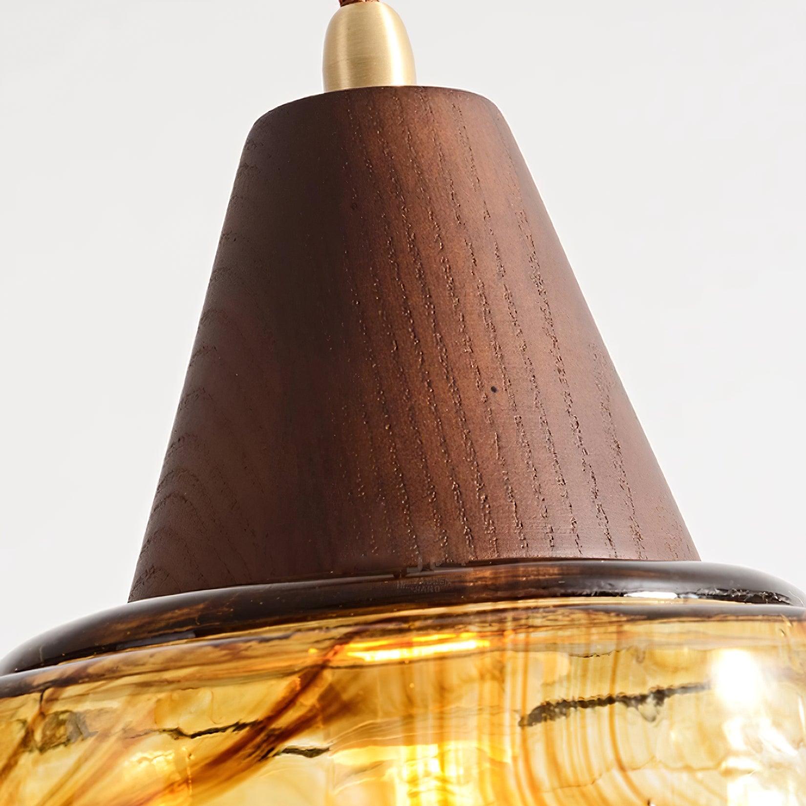 Pendant Lamp Amber Glass Shade Wood Top Vintage Artistic - Neutralighting