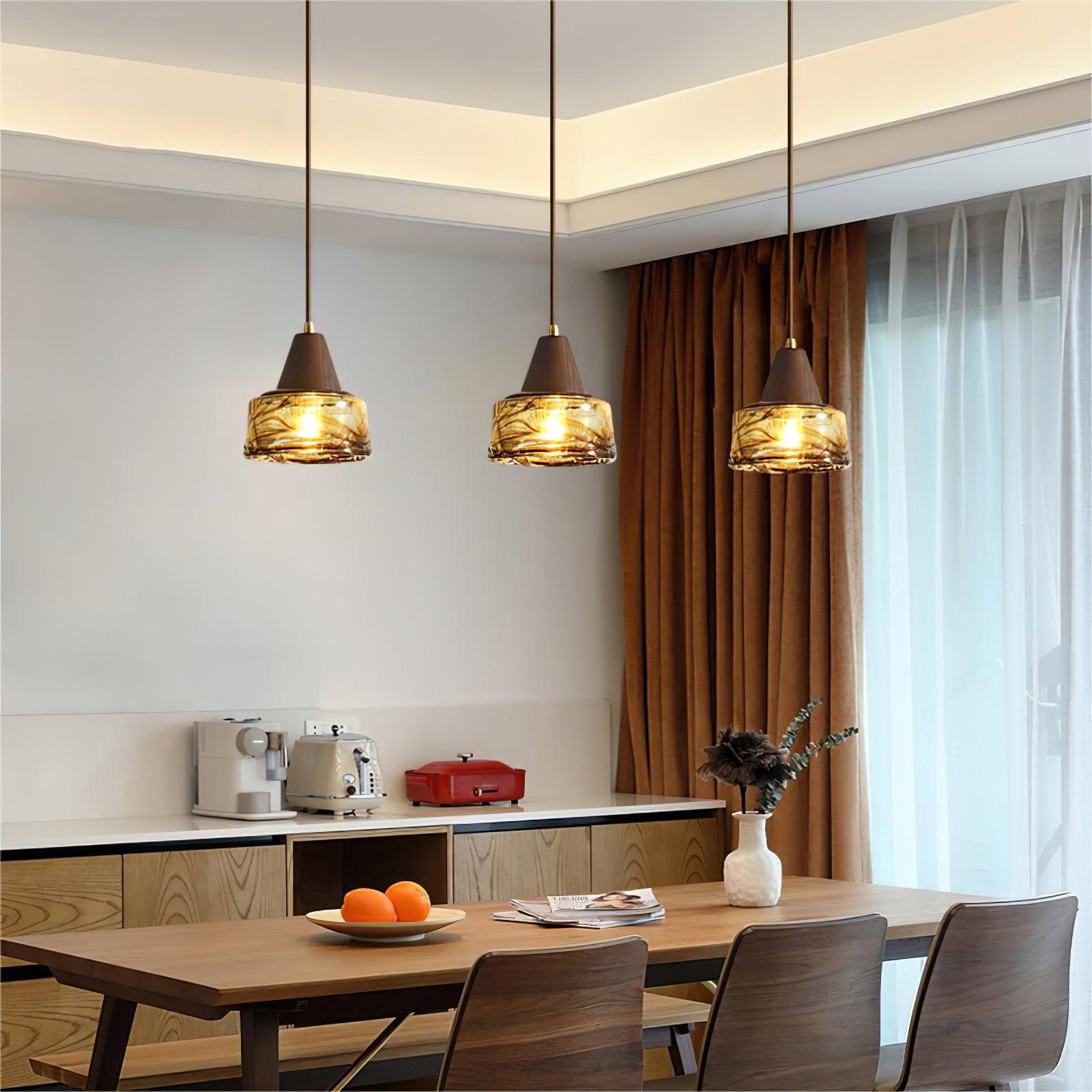 Pendant Lamp Amber Glass Shade Wood Top Vintage Artistic - Neutralighting