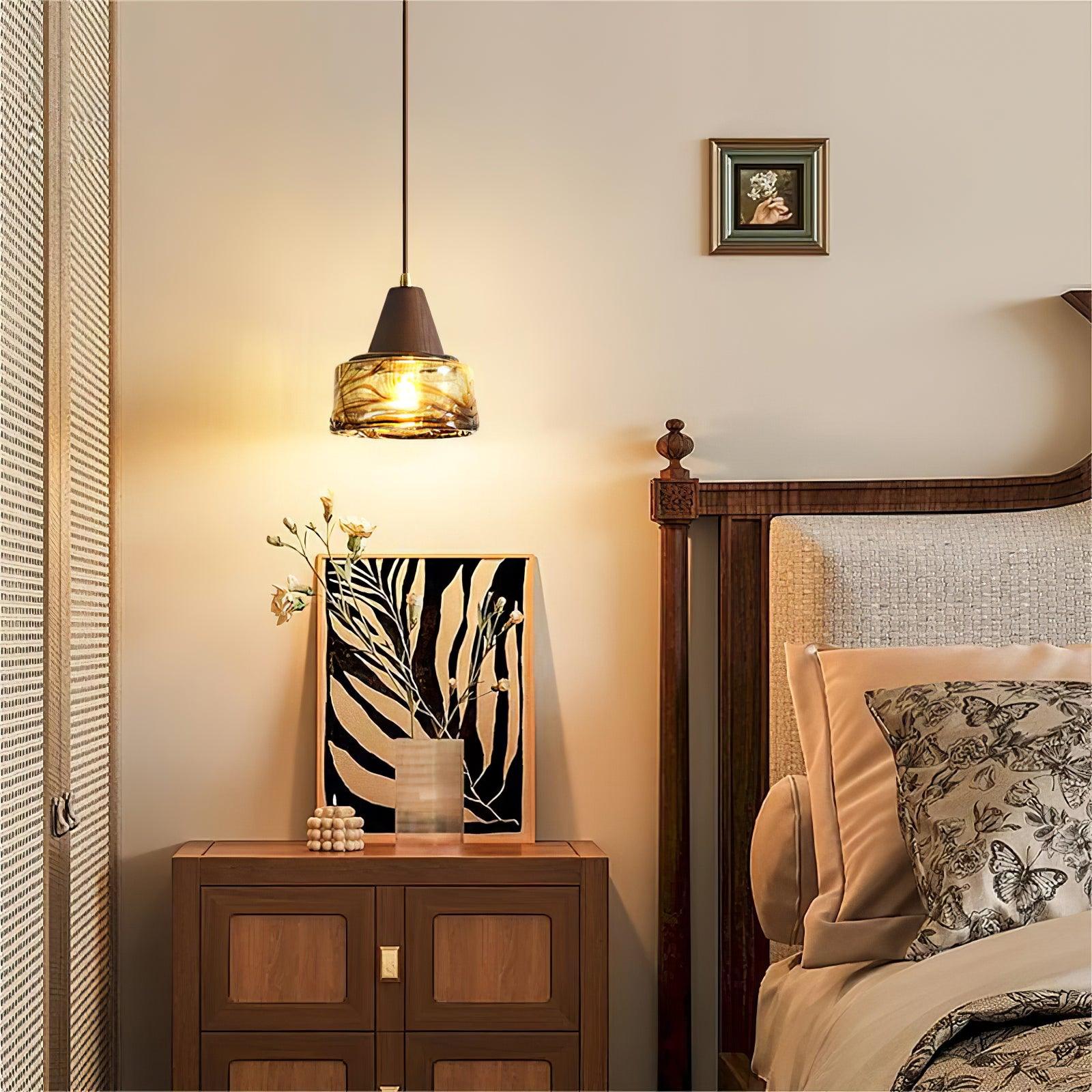 Pendant Lamp Amber Glass Shade Wood Top Vintage Artistic - Neutralighting