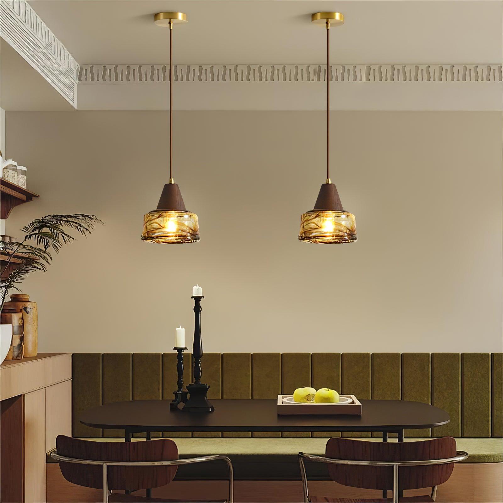 Pendant Lamp Amber Glass Shade Wood Top Vintage Artistic - Neutralighting