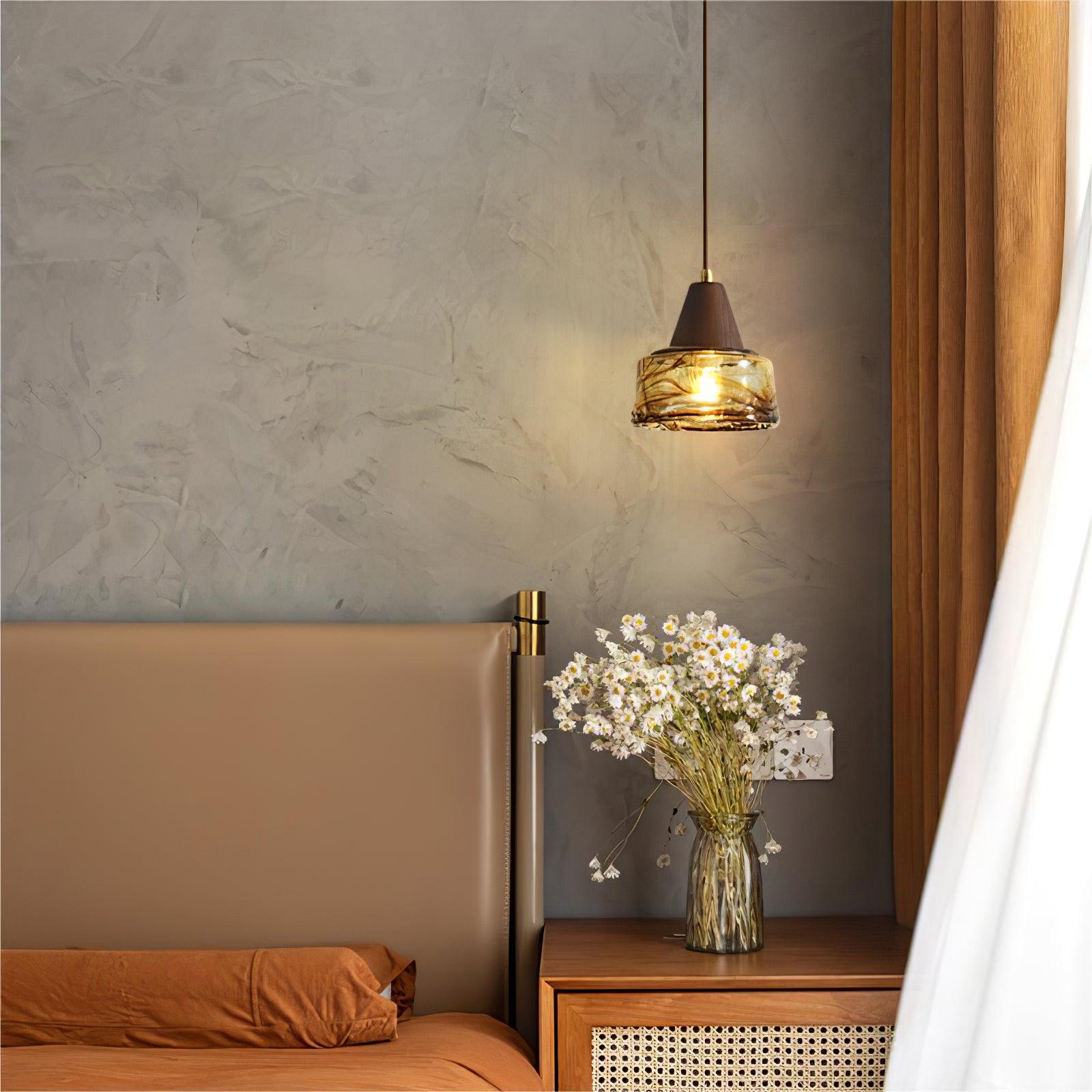 Pendant Lamp Amber Glass Shade Wood Top Vintage Artistic - Neutralighting