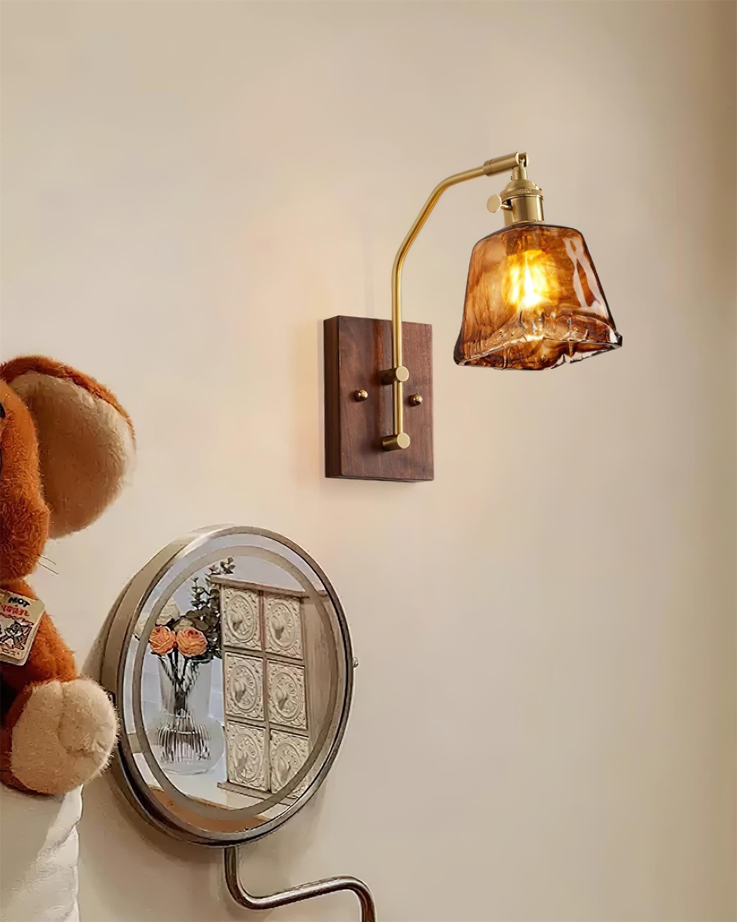 Wall Lamp Brass and Glass with Wood Backplate Vintage Artisan - Neutralighting