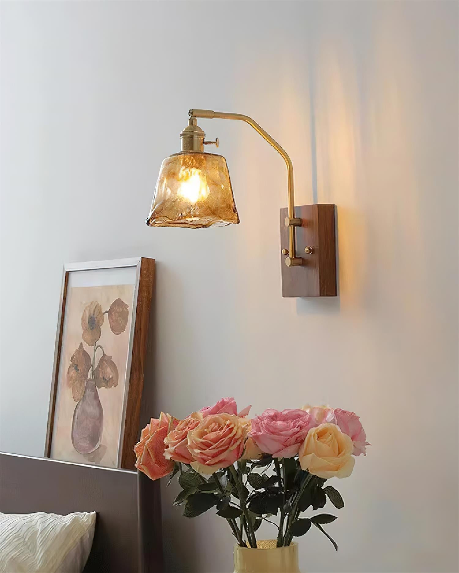 Wall Lamp Brass and Glass with Wood Backplate Vintage Artisan - Neutralighting