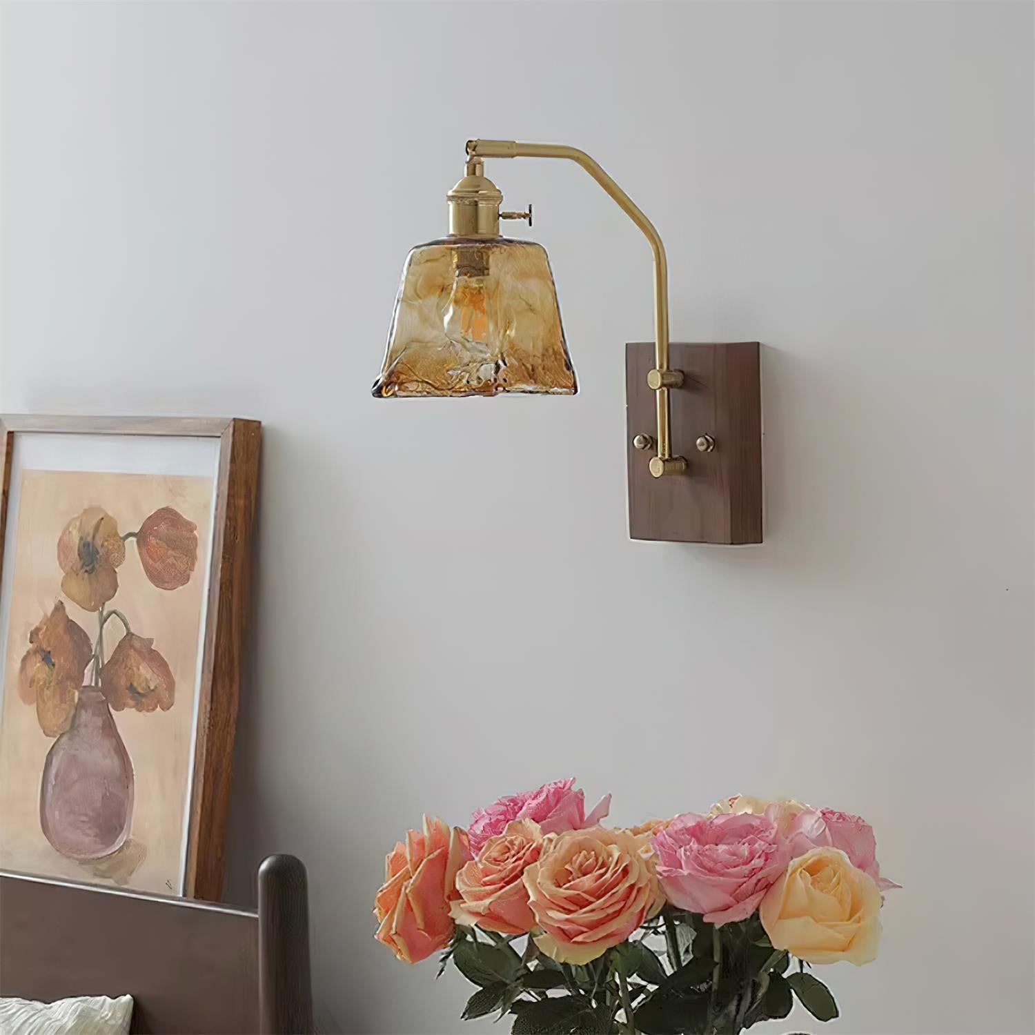 Wall Lamp Brass and Glass with Wood Backplate Vintage Artisan - Neutralighting