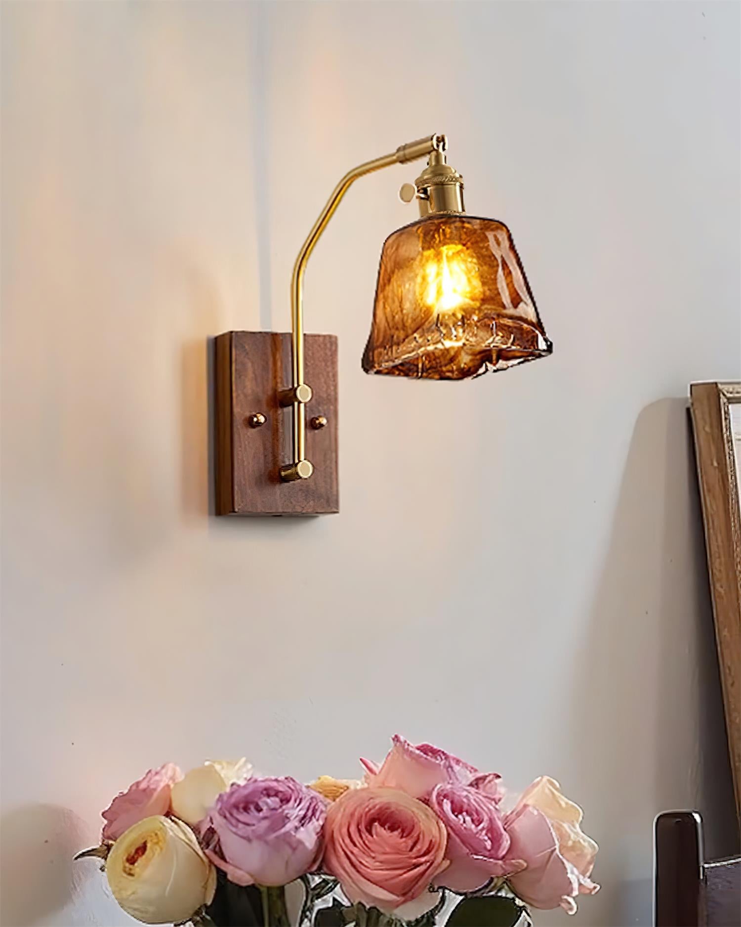 Wall Lamp Brass and Glass with Wood Backplate Vintage Artisan - Neutralighting