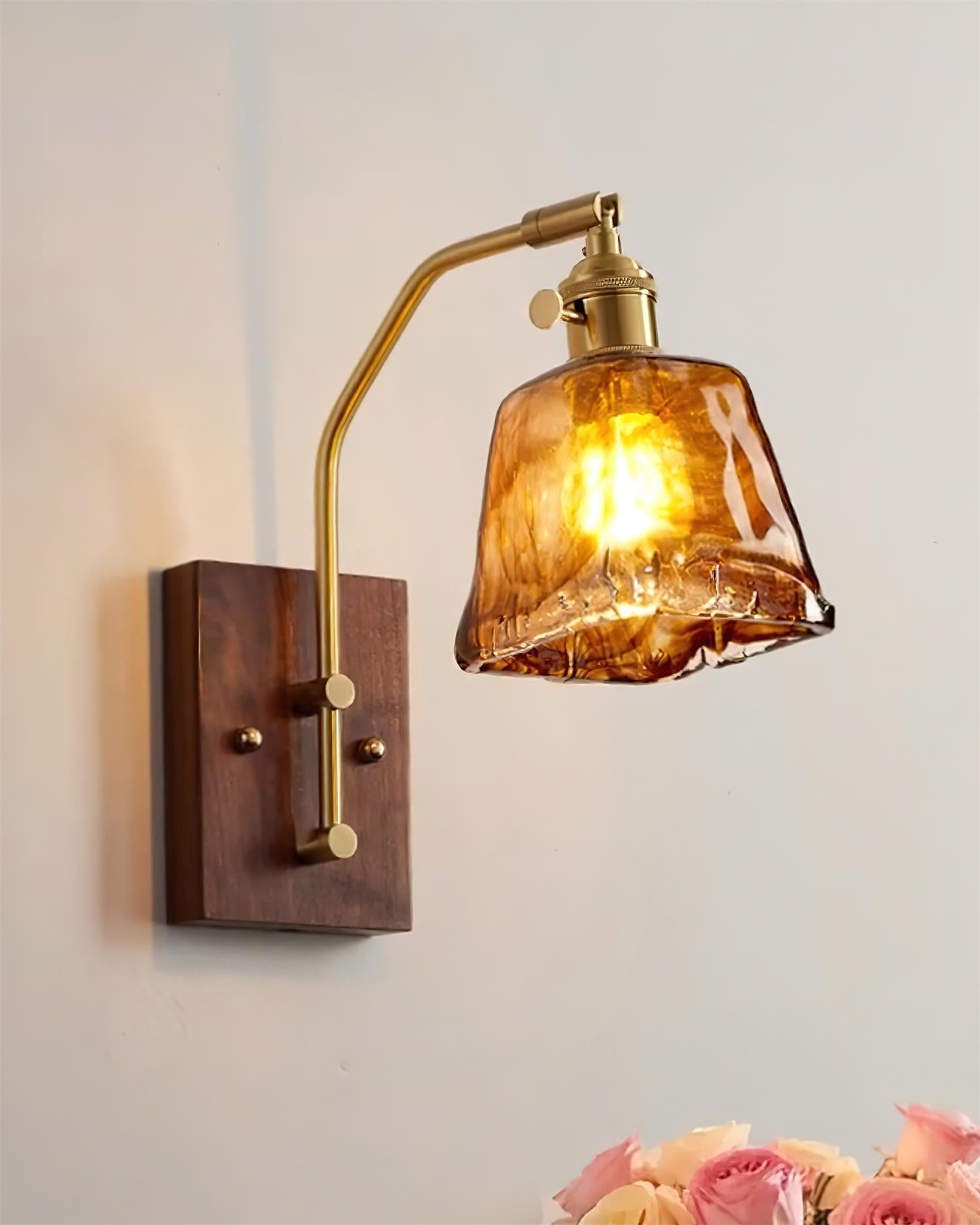 Wall Lamp Brass and Glass with Wood Backplate Vintage Artisan - Neutralighting