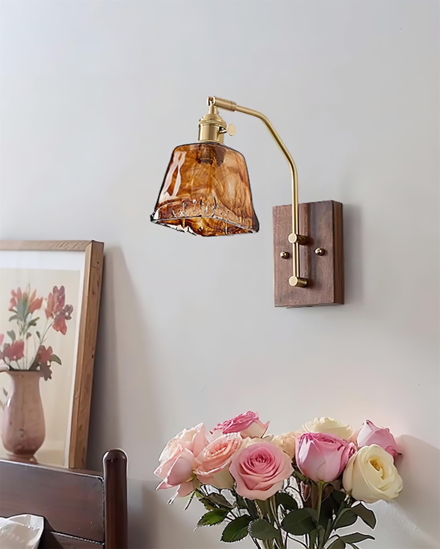 Wall Lamp Brass and Glass with Wood Backplate Vintage Artisan - Neutralighting